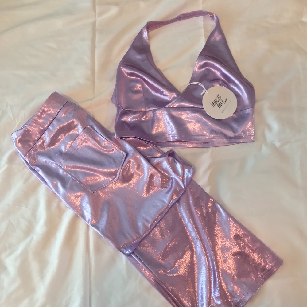 Princess Poly 2piece Metallic Set. Halter & Flare bottoms